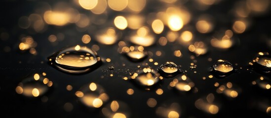 Close-up of water droplets on a dark surface with golden bokeh lights in the background Copy Space