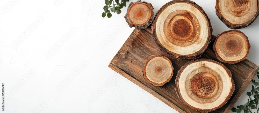 Aufkleber Wooden tree trunk slices arranged on a rustic wooden board with greenery on a light background Copy Space