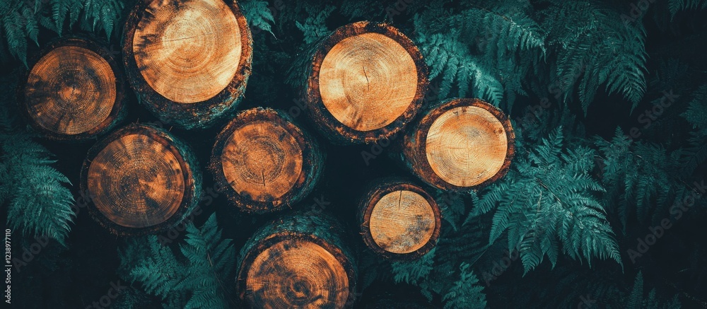Poster wooden logs on fern leaves with dark background and ample space for text placement copy space