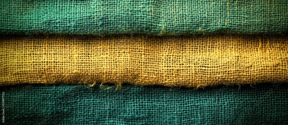 Poster Textured fabric layers in green and yellow hues closeup with visible weave details suitable for background design and textile industry Copy Space