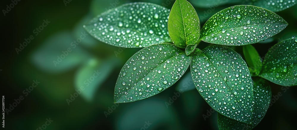 Poster close-up of lush green leaves with water droplets displaying natural freshness and texture copy spac