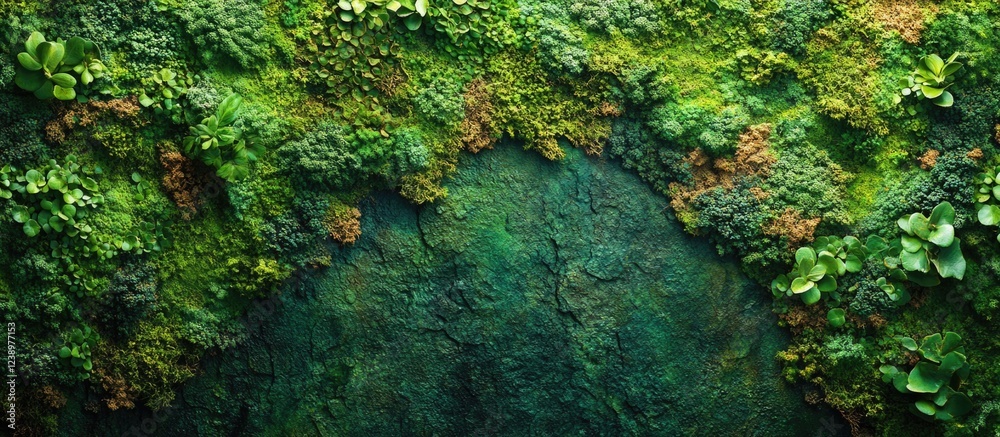 Poster lush green moss and textured stone background with plants and foliage for natural design elements co