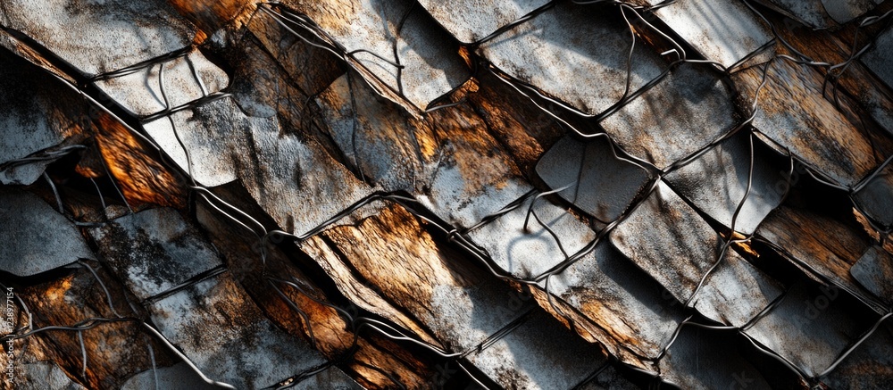 Poster Textured close-up of weathered metallic roof shingles with rust and fading colors, detailed pattern and lighting, Copy Space