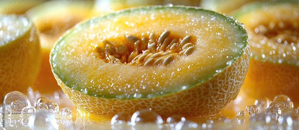 Poster close-up shot of fresh cantaloupe melon halves with water droplets highlighting texture and seeds on