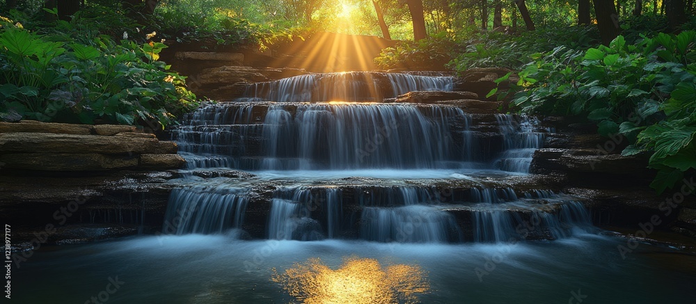 Poster Sunlight streaming through trees illuminating cascading waterfall in lush green forest setting with clear water and rich foliage Copy Space