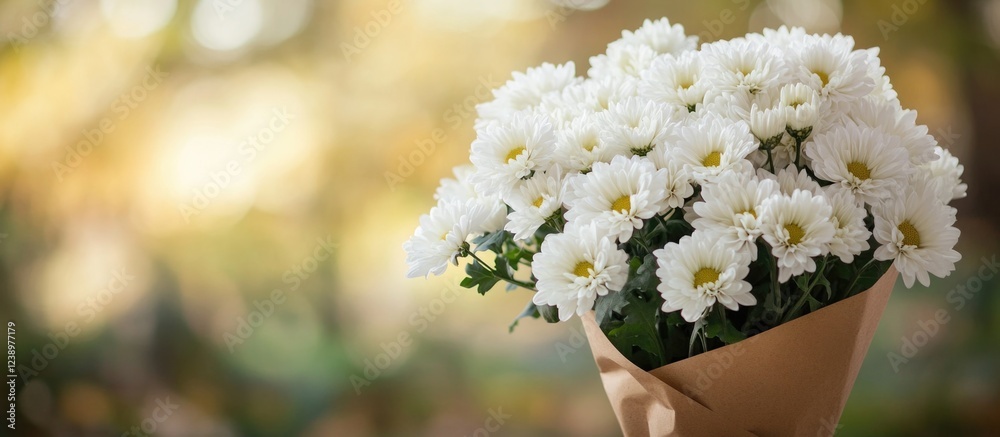 Poster bouquet of white chrysanthemums wrapped in brown paper with blurred background and copy space for te