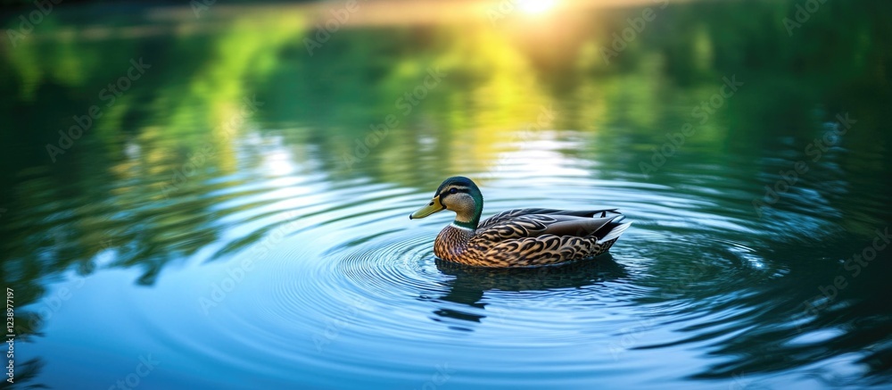 Aufkleber mallard duck swimming on tranquil water surface with ripples and soft sunlight reflections in backgr