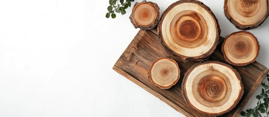 Wooden tree trunk slices arranged on a rustic wooden board with greenery on a light background Copy Space
