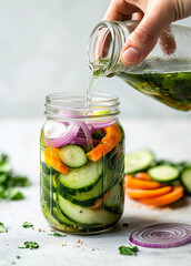 Pouring salty water into jar with preserving assorted vegetables: cucumbers, carrots, onion and some seeds. Fermented healthy food concept. Light background