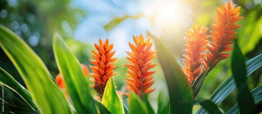 Poster orange tropical flowers with green leaves in natural light with soft background blur and copy space 