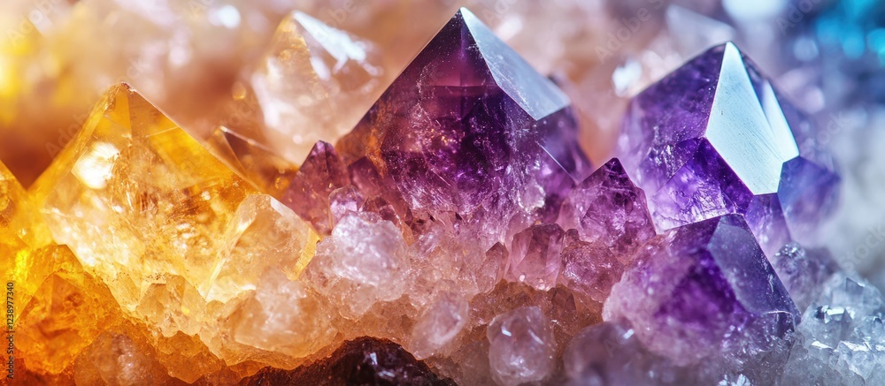 Poster colorful amethyst and citrine crystals in natural formation with rich textures and glimmering facets