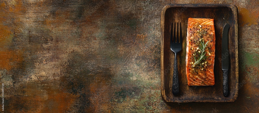 Poster grilled salmon fillet garnished with herbs on rustic wooden tray with fork and knife on textured bac