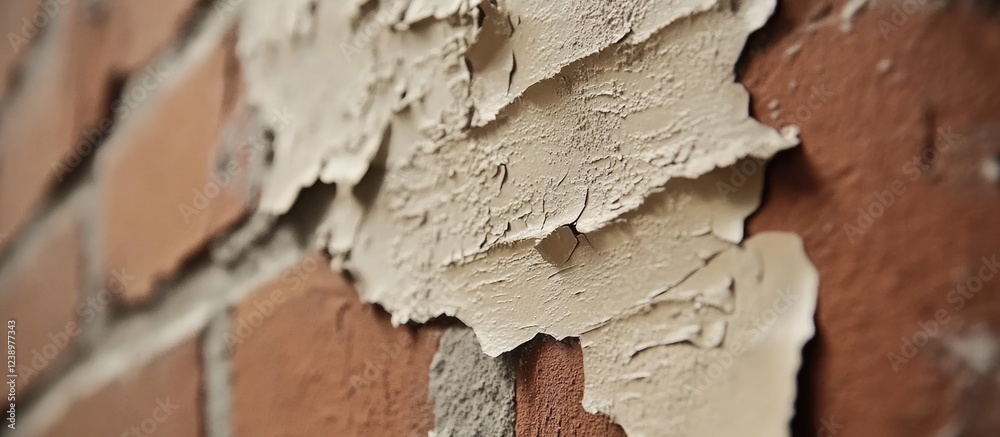 Poster peeling paint on brick wall revealing texture and layers of wall material with rustic appearance and