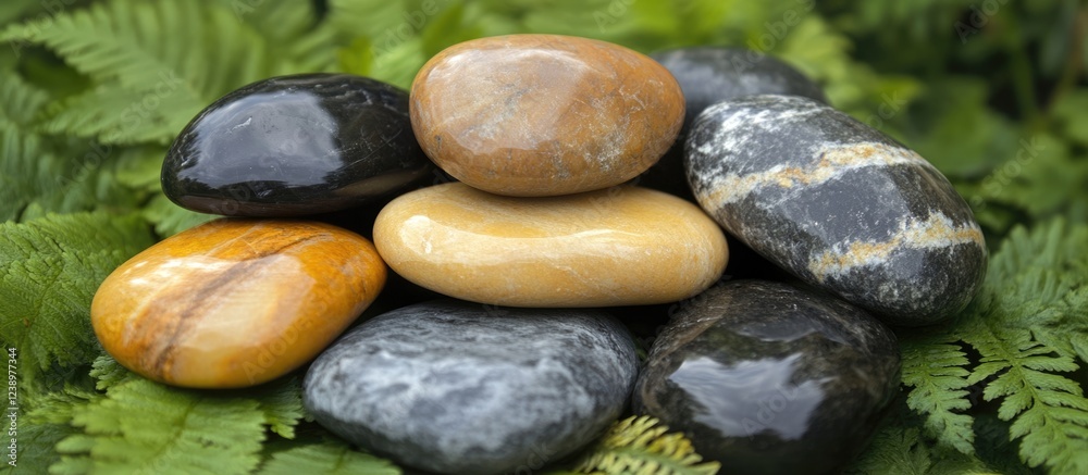 Aufkleber Colorful smooth pebbles stacked on green ferns natural background with variation in textures and patterns Copy Space