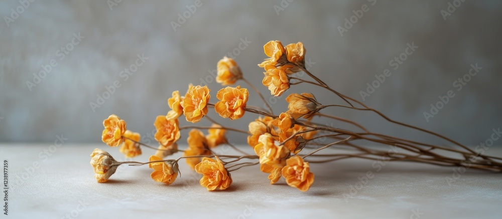 Poster dried yellow flowers bouquet on a neutral background with copy space for text placement