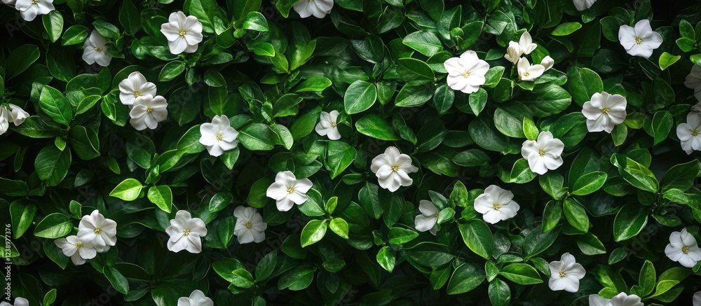 Poster White flowers and green leaves dense botanical background with copy space for text or design elements