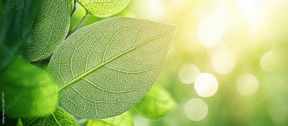 Aufkleber Close-up of green leaves with detailed texture and soft sunlight in the background creating a natural bokeh effect Copy Space
