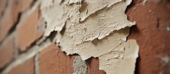 Peeling paint on brick wall revealing texture and layers of wall material with rustic appearance and warm color tones Copy Space