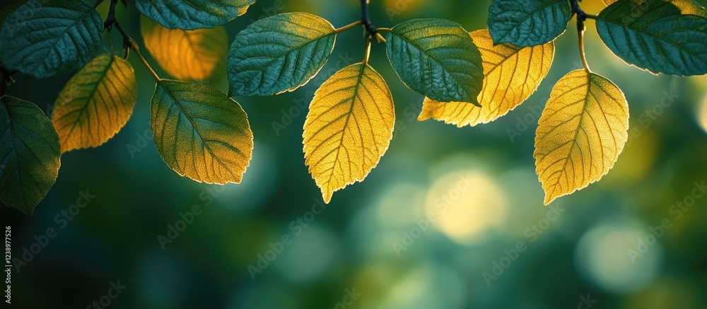 Aufkleber Green Leaves with Sunlight Glowing Through Leaves Creating a Natural Background with Soft Bokeh Copy Space