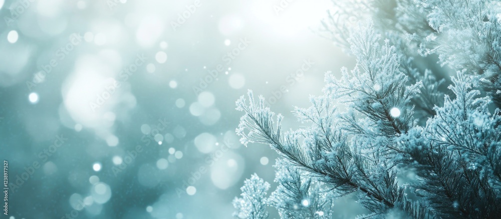 Poster Frosted pine branches with shimmering snowflakes in a misty winter landscape featuring soft bokeh lights and a bluish hue Copy Space