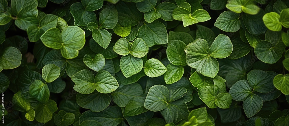 Poster green foliage background with vibrant heart-shaped leaves creating a lush natural texture and depth 