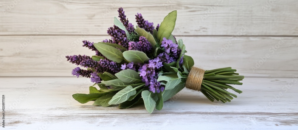 Aufkleber lavender bouquet with green leaves tied with twine on a wooden surface with copy space for text