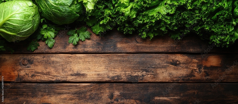 Poster fresh green lettuce and cabbages on rustic wooden background with copy space