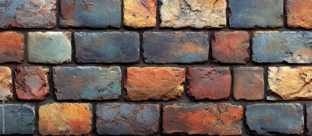 Aufkleber Textured weathered brick wall in various colors with organic patterns and Copy Space for design placement