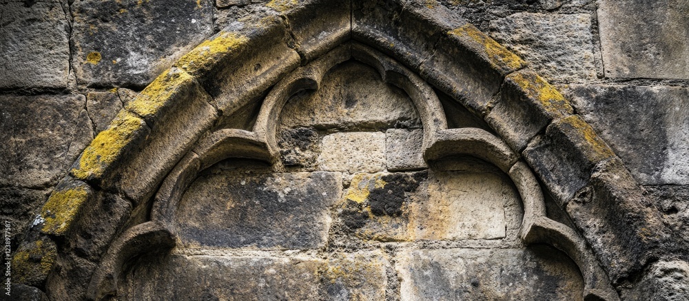 Poster architectural details of an old stone archway with weathered textures and moss on a historical build