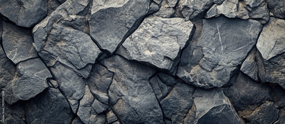 Poster Textured dark gray stone wall background with rugged, irregular rock surfaces and crevices suitable for various design applications Copy Space