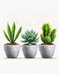 Three potted plants in a row on a white background with a watercolor style illustration