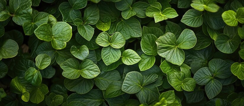Green foliage background with vibrant heart-shaped leaves creating a lush natural texture and depth Copy Space