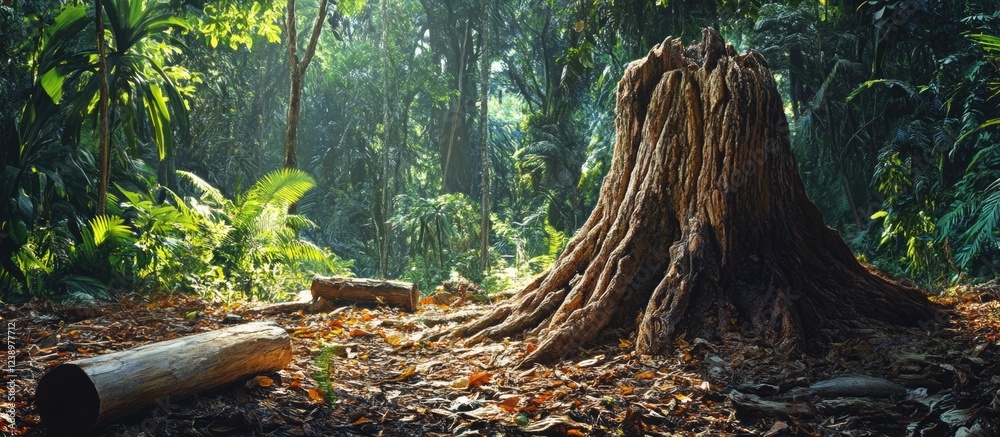 Poster large tree stump surrounded by lush tropical vegetation with sunlight filtering through the forest c