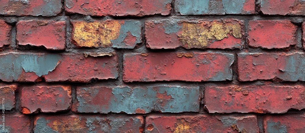Poster textured close-up of weathered red and blue brick wall with peeling paint and rough surface ideal fo