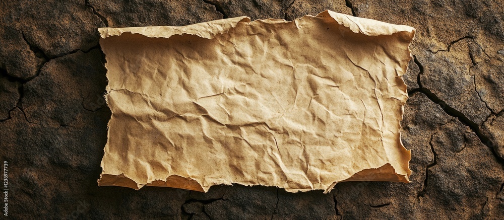 Aufkleber textured old wrinkled paper sheet on cracked earthy background with rustic feel and natural tones co