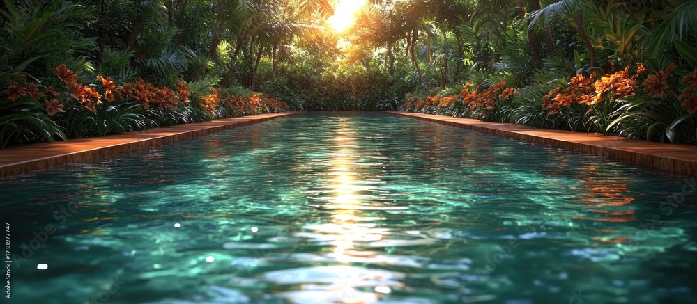 Poster lush tropical garden with a serene swimming pool reflecting sunlight through trees and vibrant flowe