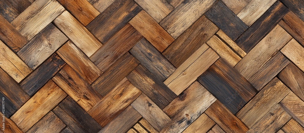 Poster herringbone patterned wooden flooring in various shades of brown and beige with intricate texture an
