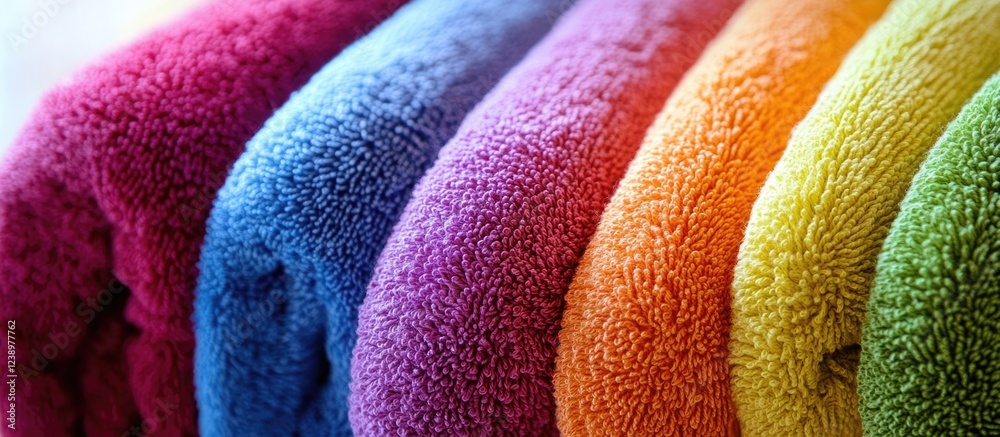 Poster colorful rolled towels arranged in a row displaying vibrant hues of blue, purple, orange, red, yello