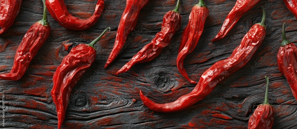 Poster red chili peppers on dark wooden surface high angle view with copy space for text