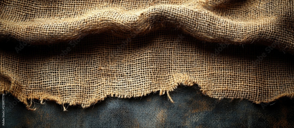 Aufkleber Textured burlap fabric background with frayed edges and natural color variations suitable for design applications Copy Space
