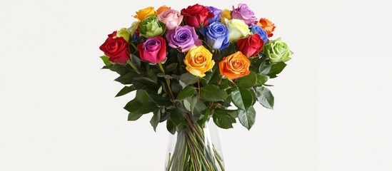 Colorful bouquet of mixed roses in a glass vase with green leaves and white background providing ample Copy Space for text