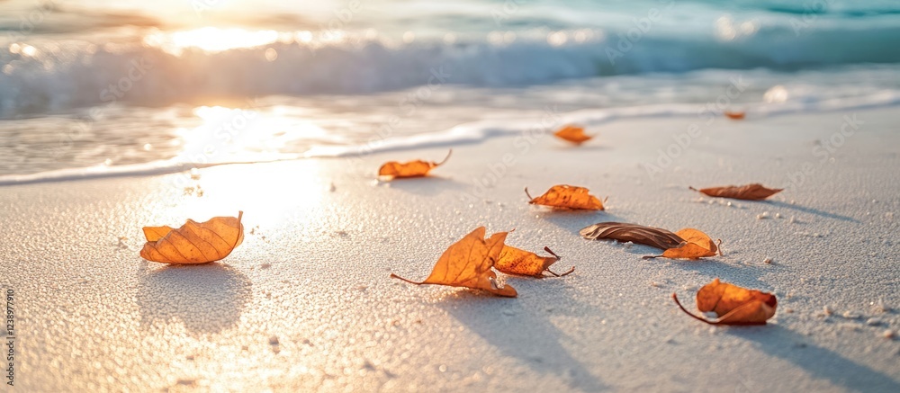 Poster autumn leaves scattered on sandy beach with soft waves and sunlight creating a serene atmosphere cop