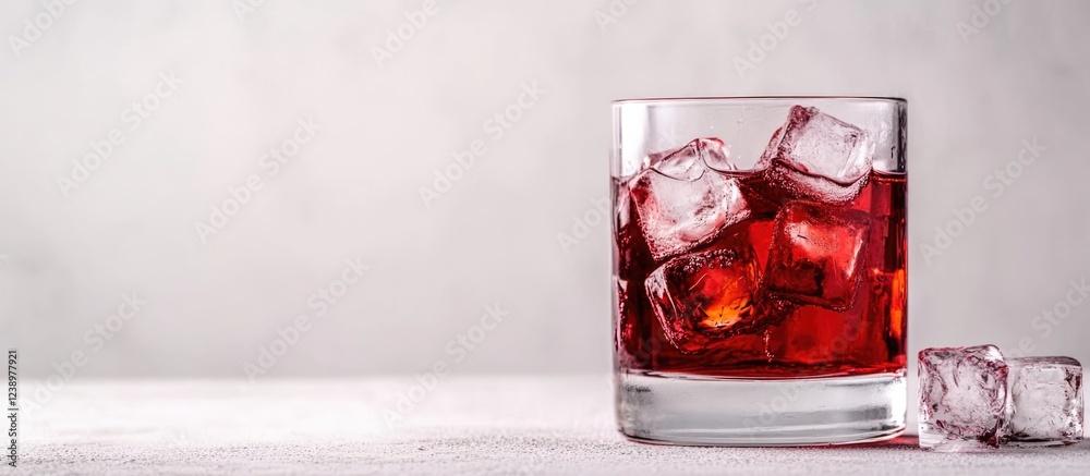 Poster red cocktail glass filled with ice cubes on a white surface with a blurred background copy space