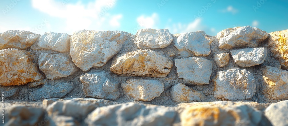 Poster stone wall texture with blue sky and soft focus background, suitable for backdrop design and graphic
