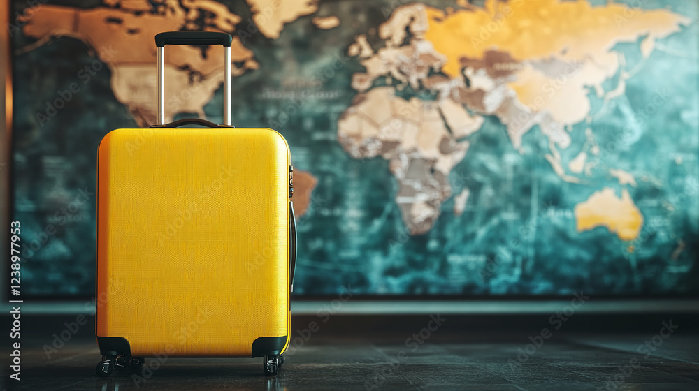 Poster a close-up of a yellow suitcase on the floor with a world map in the background, representing the co