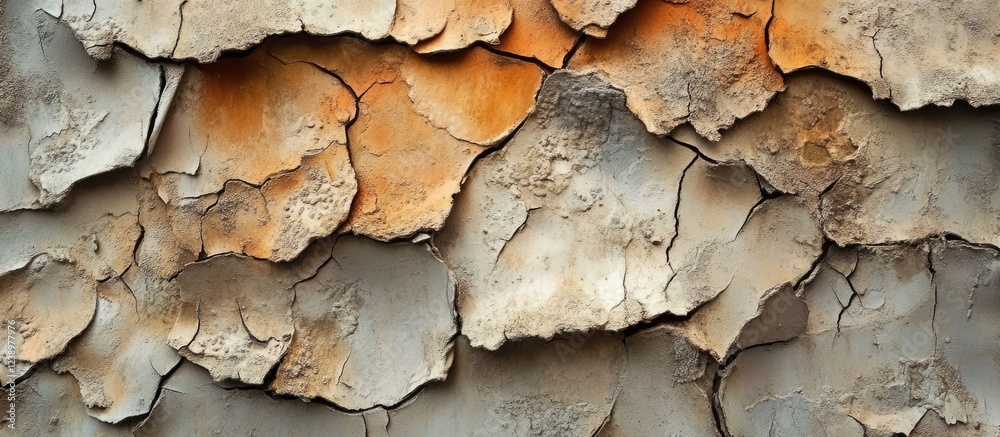 Poster Weathered cracked wall surface with peeling paint showing texture and colors suitable for background use Copy Space