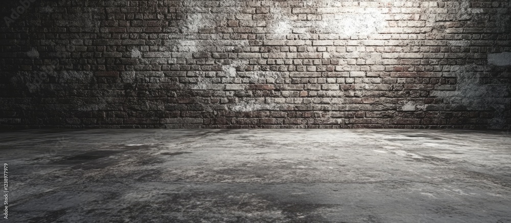 Poster old brick wall with spotlight and concrete floor interior background with copy space for text or des