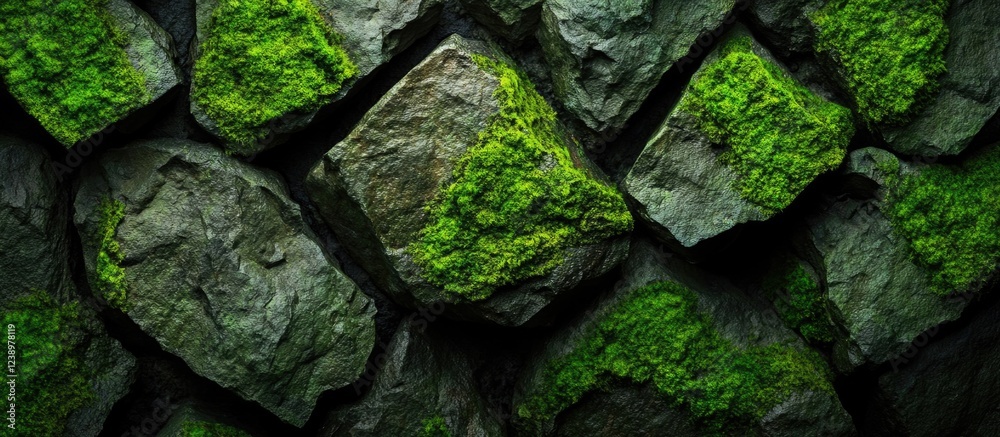 Poster green moss-covered rocks textured wall background with natural growth and detailed surfaces suitable