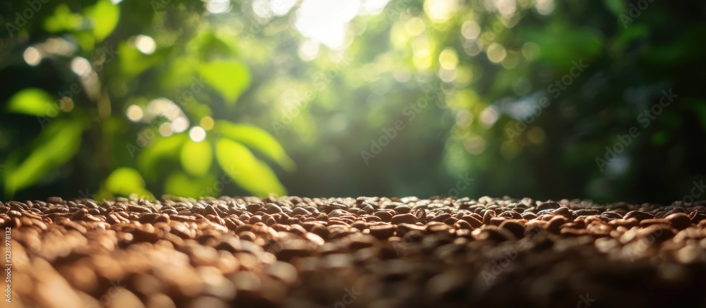 Aufkleber coffee beans on wooden surface with blurred green foliage background and natural light creating a vi