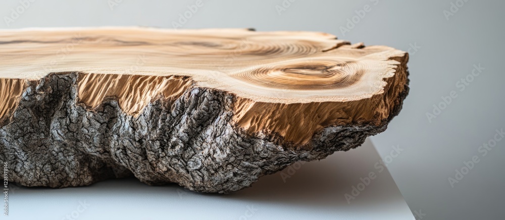 Poster Natural wooden slab with textured surface showcasing grain patterns and bark edge on a neutral background with copy space